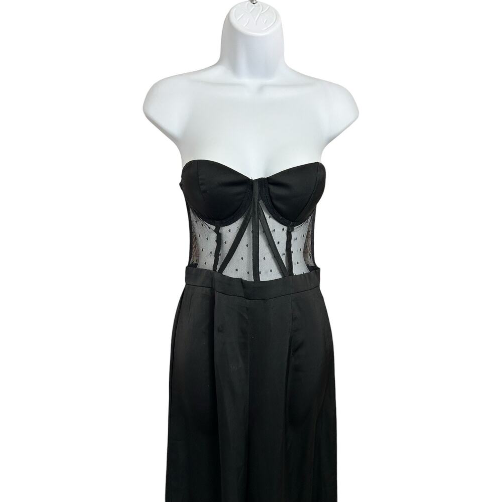 Shein Black Strapless Jumpsuit Sz XS Wide Leg Pant Corset Mesh Top One Piece - Picture 3 of 7
